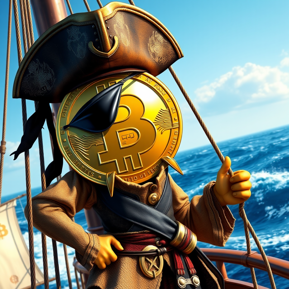 This image is a portrayal of a One Eyed Bit Coin, sailing on a sea of Blockchain.